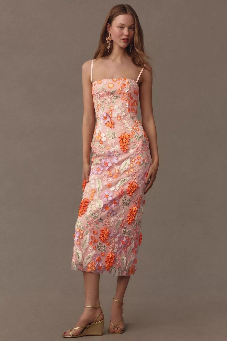 Helsi Gemma Square-Neck Floral Column Midi Dress - XS - Coral/Lavender